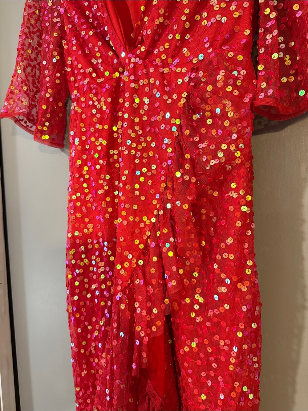 ASOS Red Sequin Midi Dress Size 6 Holiday Party Cocktail Wrap Style - Picture 6 of 10